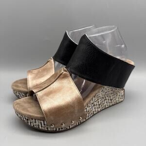 Modzori Women’s Virginia Reversible Vegan Wedge Sandal Gold White Black Size 10